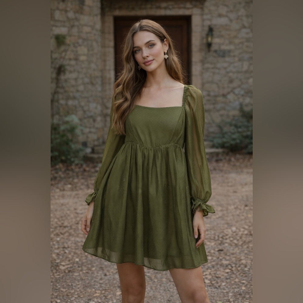 Storia Olive Green Swiss Dot Babydoll Dress Size Medium Sheer Puff Sleeve Mini